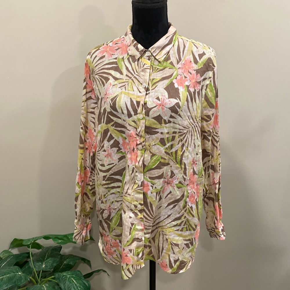 J. Jill Coral and Green Tropical Leaf Print Button-Up Blouse